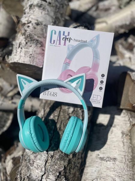 Беспроводные Bluetooth-наушники CATEAR BT618 с кошачьими ушками и LED-подсветкой (бирюзовые) 2187 фото