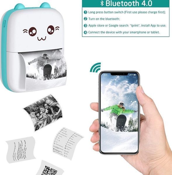 Фотопринтер без краски Портативный Mini Printer котик Термопринтер ручной Bluetooth Карманная печать 1652 фото