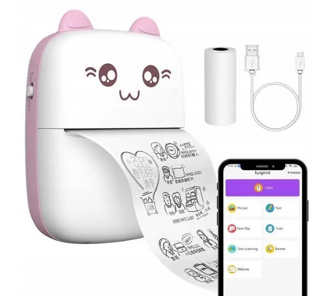 Фотопринтер без краски Портативный Mini Printer котик Термопринтер ручной Bluetooth Карманная печать 1652 фото