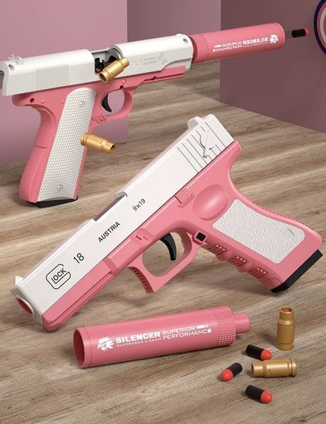 Пистолет детский игрушечный GLOCK с безопасными пулями, фирменным глушителем и поролоновыми патронами Розовый 2022 фото