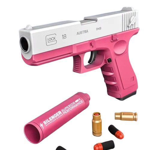 Пистолет детский игрушечный GLOCK с безопасными пулями, фирменным глушителем и поролоновыми патронами Розовый 2022 фото