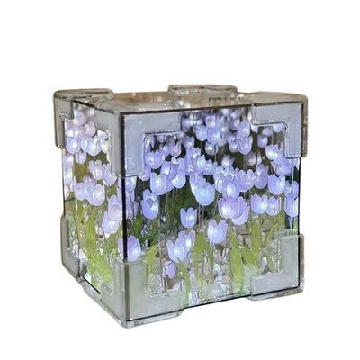 Декоративний світлодіодний нічник DIY у вигляді куба з 3D-ефектом квітучих лілій і прозорим корпусом, Purple 2075 фото