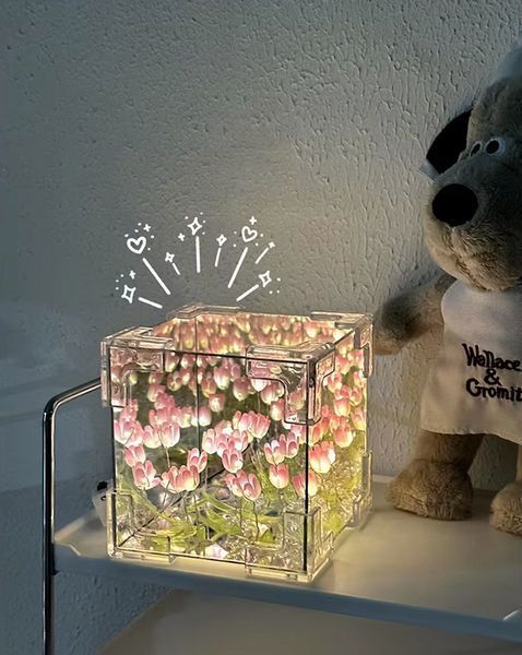 Декоративный светодиодный ночник DIY в виде куба с 3D-эффектом цветущих лилий и прозрачным корпусом, Pink 2076 фото