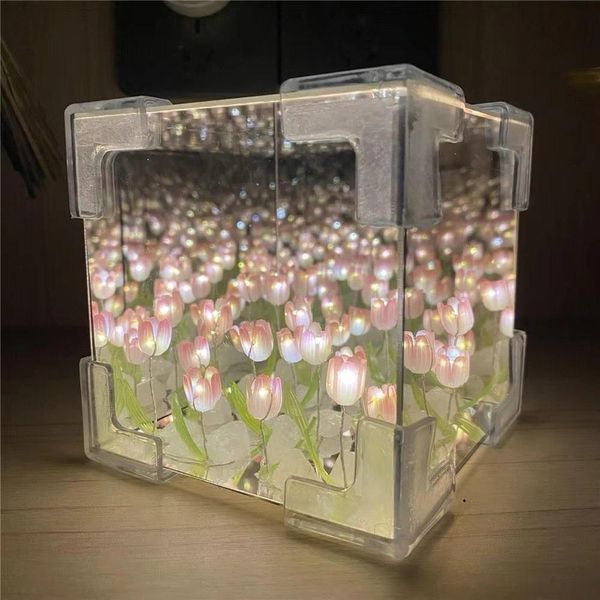 Декоративный светодиодный ночник DIY в виде куба с 3D-эффектом цветущих лилий и прозрачным корпусом, Pink 2076 фото