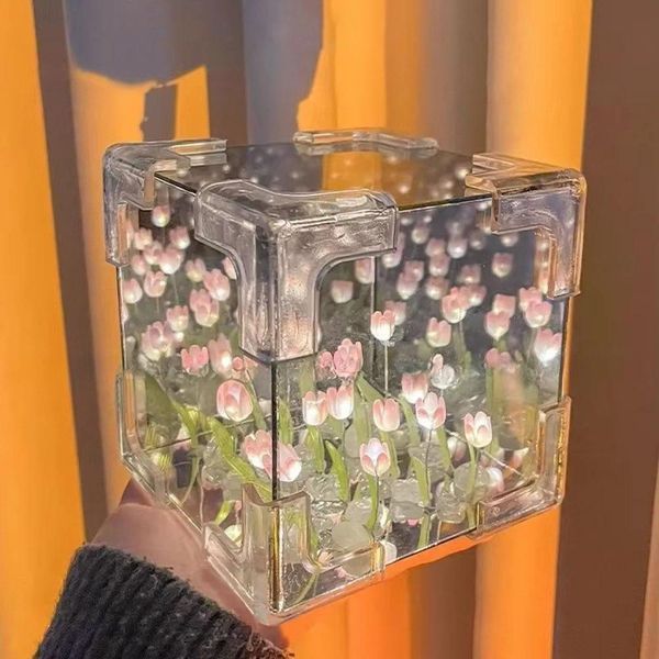 Декоративный светодиодный ночник DIY в виде куба с 3D-эффектом цветущих лилий и прозрачным корпусом, Pink 2076 фото