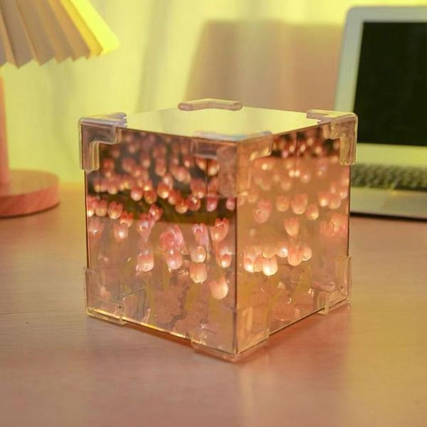 Декоративный светодиодный ночник DIY в виде куба с 3D-эффектом цветущих лилий и прозрачным корпусом, Pink 2076 фото