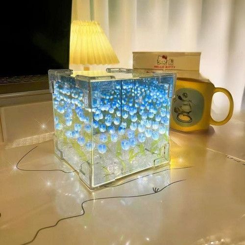 Декоративний світлодіодний нічник DIY у вигляді куба з 3D-ефектом квітучих лілій і прозорим корпусом, Blue 2077 фото