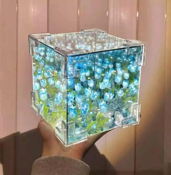Декоративний світлодіодний нічник DIY у вигляді куба з 3D-ефектом квітучих лілій і прозорим корпусом, Blue 2077 фото