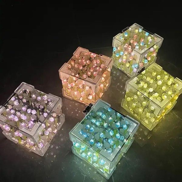 Декоративний світлодіодний нічник DIY у вигляді куба з 3D-ефектом квітучих лілій і прозорим корпусом, Blue 2077 фото