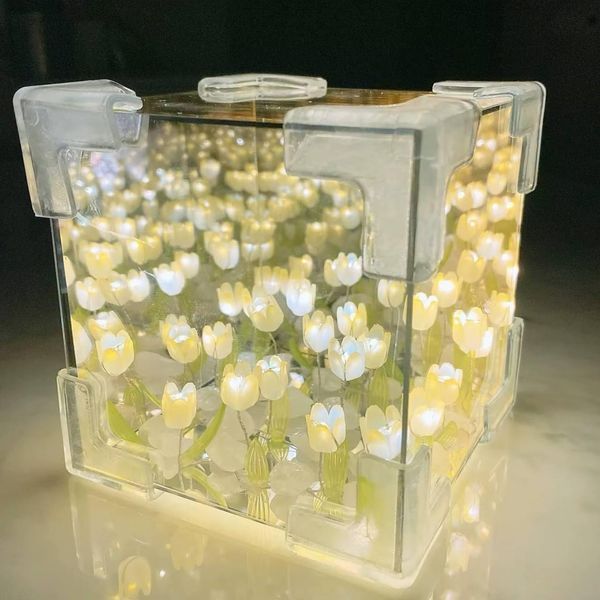 Декоративный светодиодный ночник DIY в виде куба с 3D-эффектом цветущих лилий и прозрачным корпусом, Yellow 2078 фото