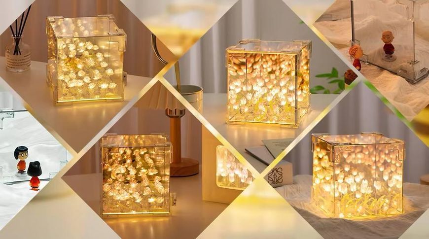 Декоративный светодиодный ночник DIY в виде куба с 3D-эффектом цветущих лилий и прозрачным корпусом, Yellow 2078 фото